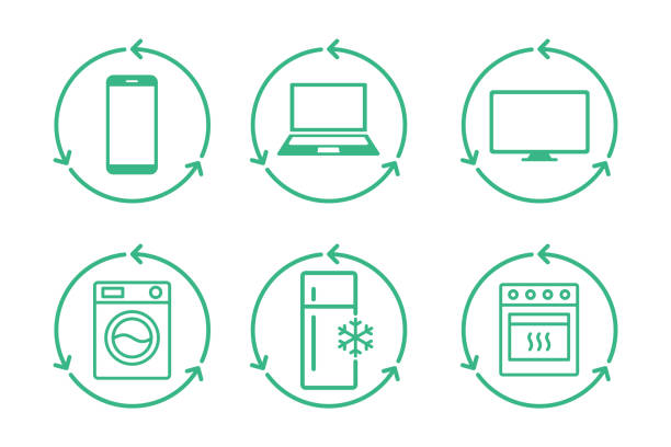 ilustrações, clipart, desenhos animados e ícones de conjunto de ícones de linha de resíduos eletrônicos. reciclagem de eletrodomésticos. e desperdício. - electrical equipment computer icon symbol electronics industry