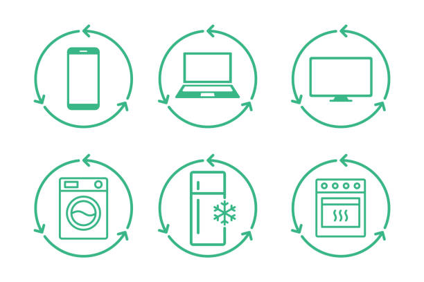 Electronic waste line icon set. Home appliances recycling. E waste. Cell phone, laptop, tv, washing machine, fridge, stove, inside recycle circle with arrows. Zero waste. Vector illustration, clip art recycling computer electrical equipment obsolete stock illustrations