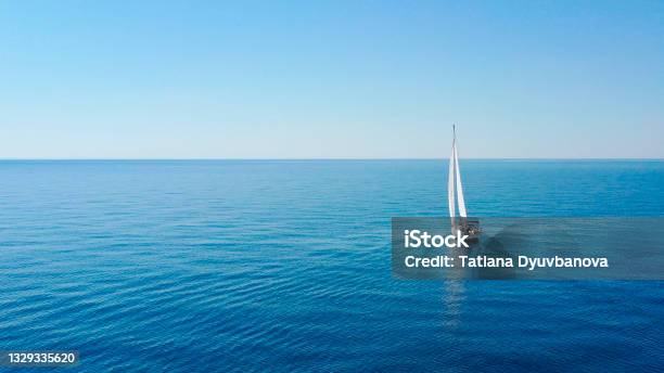 Aerial View Of Sailing Luxury Yacht At Opened Sea At Sunny Day In Croatia Stock Photo - Download Image Now