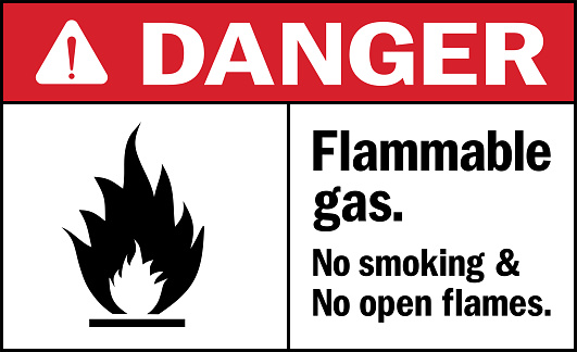 Flammable gas. No smoking and no open flames. Danger Sign. Safety signs and symbols.