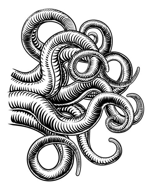 illustrazioni stock, clip art, cartoni animati e icone di tendenza di taglio di legno dei tentacoli del mostro dei calamari di octopus cthulhu - red octopus