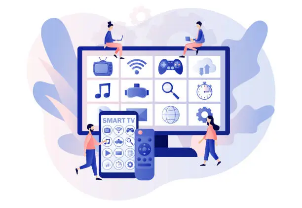 Vector illustration of Smart TV, remote controland and menu in smartphone app. Tiny people watch video, content, applications on multimedia box tv. Modern television technology.Modern flat cartoon style. Vector illustration