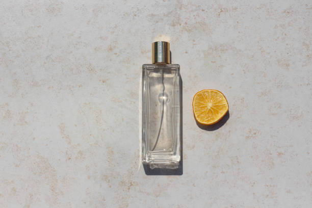 istock Minimalistic flat lay composition of a perfume bottle for mock up 1329340655
