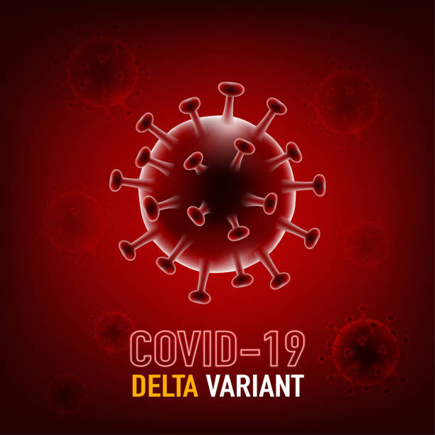 ilustraciones, imágenes clip art, dibujos animados e iconos de stock de coronavirus covid-19 variante delta. b.1.617.2 mutación virus celular médica sobre fondo rojo. cepa india de coronavirus 2019-ncov sars. pandemia de coronavirus mutado de la gripe sars-cov-2 - healthcare and medicine multi colored cell backgrounds