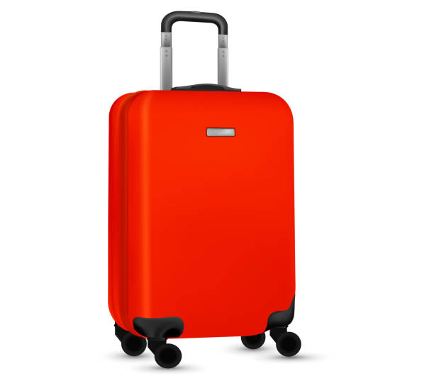 istock Suitcase isolated on white. Set of Red travel baggage bag or plastic luggage on white background. Summer vacation and product advertisement concept. 1329342192