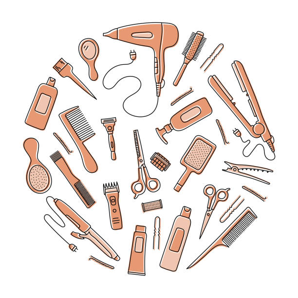 istock Hairdressing tools sketch. Professional hair dresser equipment. Hand drawn doodle vector illustration. Barbershop symbol collection. Hairdryer, scissors, comb, straightener and curler 1329345044
