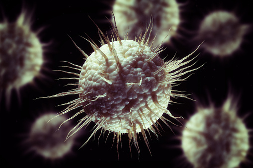Virus cells under microscope, conceptual 3d render science and medical background