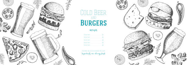 ilustrações de stock, clip art, desenhos animados e ícones de pub food menu. beer and burgers vector illustration. fast food, junk food frame. elements for burgers restaurant menu design. engraved image, retro style. - salad food and drink food lettuce