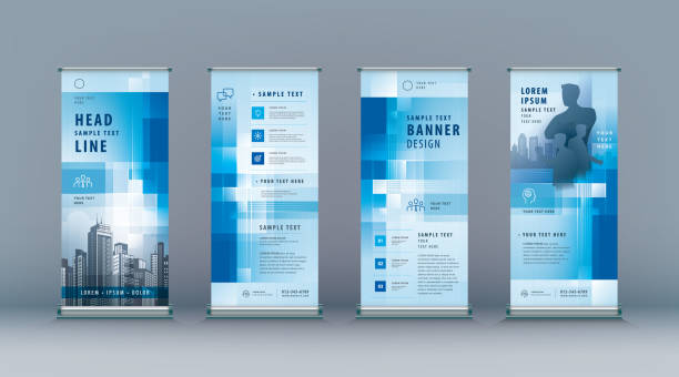 Business Roll Up Set. Standee Design. Banner Template, Abstract Blue Geometric Pixel vector Business Roll Up Set. Standee Design. Banner Template, Abstract Blue Geometric Pixel vector Brochures, flyer, presentation, j-flag, x-stand, x-banner, exhibition display flyer template stock illustrations