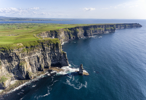 World famous Cliffs of Moher. Popular tourist destination in Ireland. Aerial birds eye view attraction on Wild Atlantic Way in County Clare.