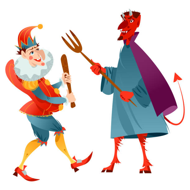 Traditional puppet show featuring Mr. Punch. Punch and the Devil. Traditional puppet show featuring Mr. Punch. Punch and the Devil. Vector illustration evil joker silhouette stock illustrations