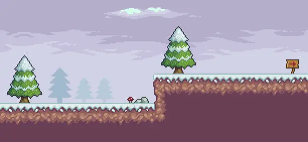 Vector illustration of Pixel art game scene in snow 8bit