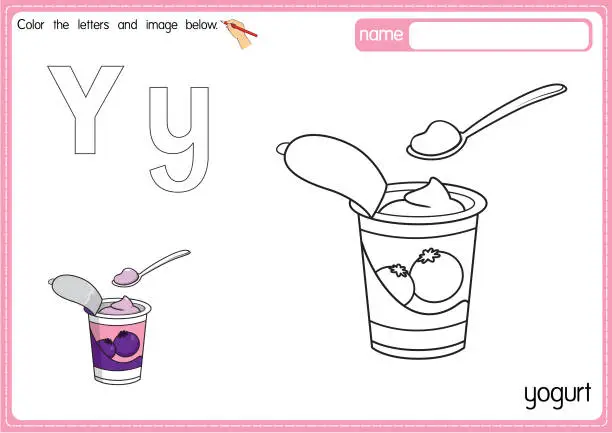 Vector illustration of Vector illustration of kids alphabet coloring book page with outlined clip art to color. Letter Y for Yogurt.