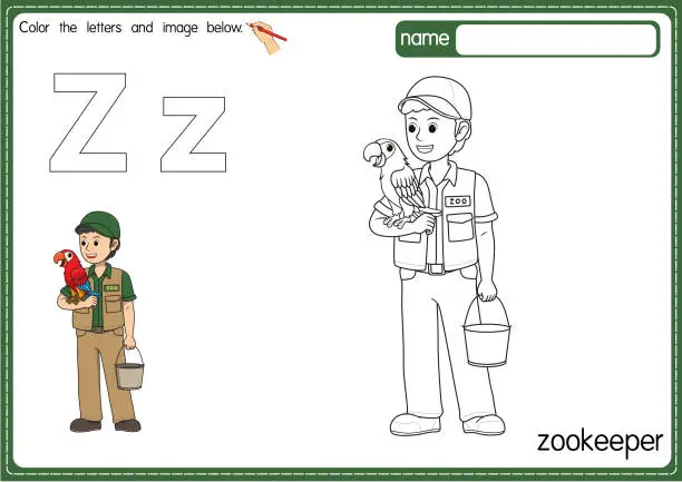 Vector illustration of Vector illustration of kids alphabet coloring book page with outlined clip art to color. Letter Z for Zookeeper.