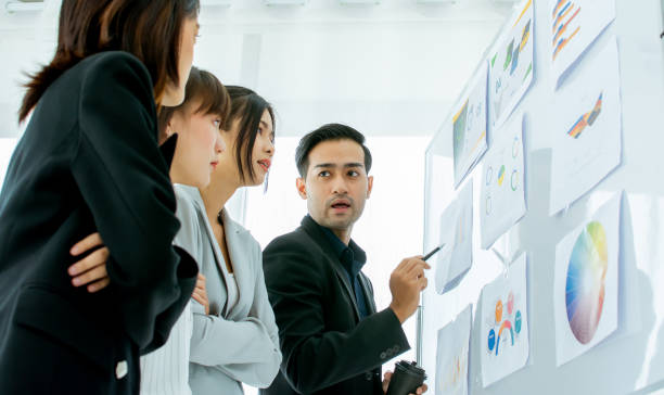 istock Group smart Asian businesspeople discussing, presenting, brainstorming in team together about project strategy plan, analyze information, marketing and financial graph chart on board in indoor office. 1329360812