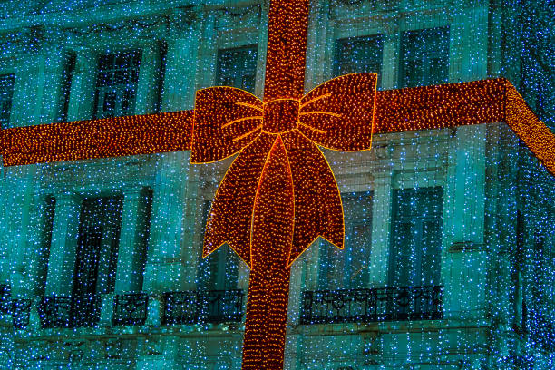 Urban night scene christmas mapping decoration at syntagma district, athens, greece