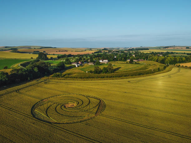 Avebury stones with alien crop circle The village of Avebury in Wiltshire. No one knows the creator of the crop circle so could be man, woman or alien. Farmer is allowing access to the crop circle till harvest. crop circle stock pictures, royalty-free photos & images