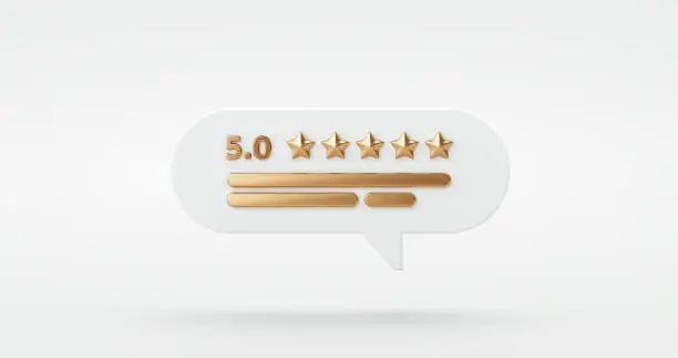 Photo of Five gold star rate review customer experience quality service excellent feedback concept on best rating satisfaction background with flat design ranking icon symbol. 3D rendering.