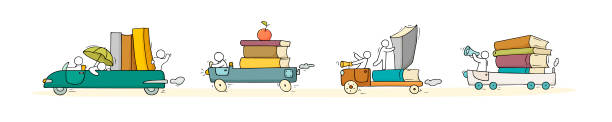 ilustrações de stock, clip art, desenhos animados e ícones de sketch set of many books with little people. - university graduation car student