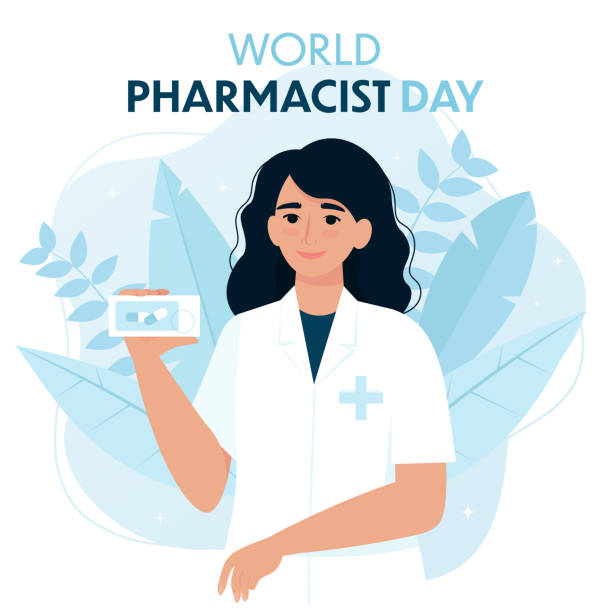 карточка всемирного дня фармацевта с женщиной-фармацевтом. векторная иллюстрация в плоском стиле - pharmacist stock illustrations