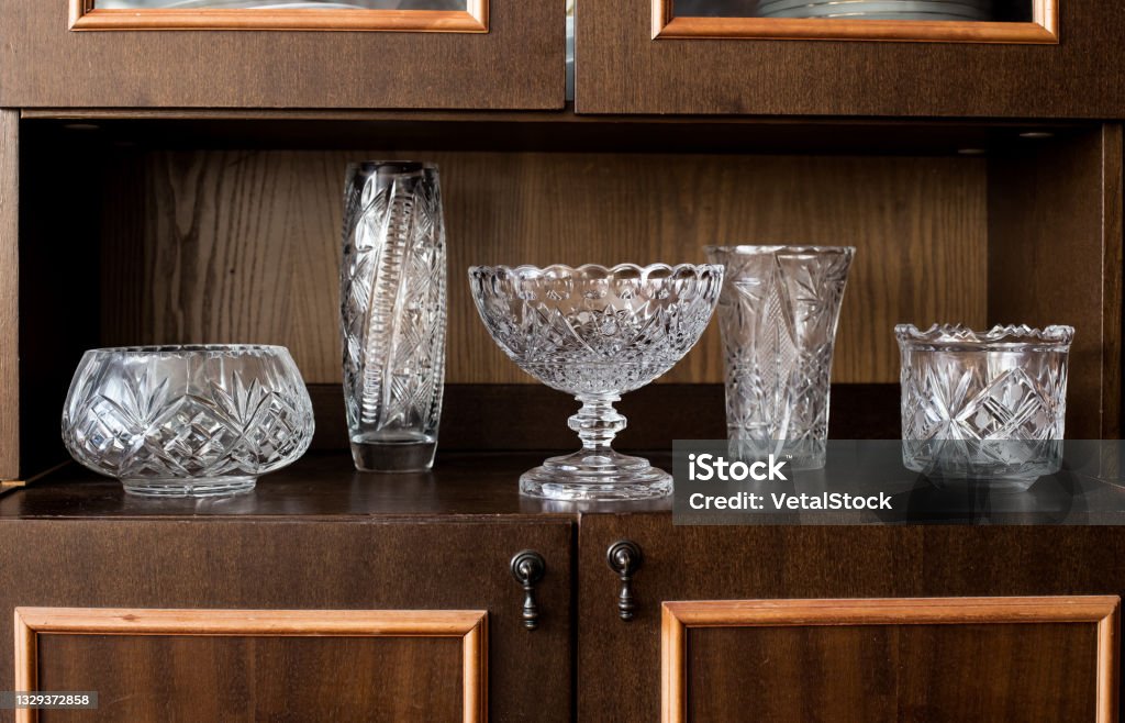 set of crystal vases on the shelf Crystal Stock Photo