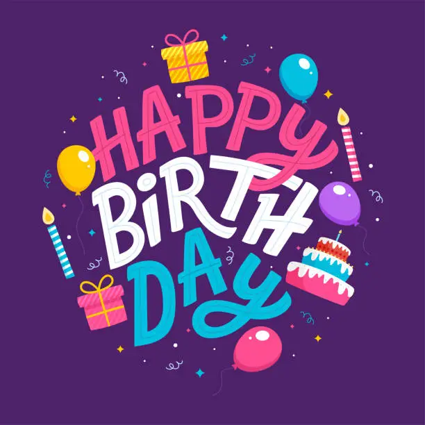 Vector illustration of Hand drawn happy birthday lettering with balloons, confetti, cake and candles on purple background.