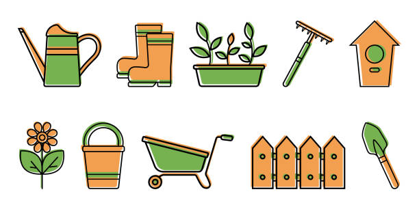 ilustrações, clipart, desenhos animados e ícones de conjunto de ícones de cor de ferramentas de jardim, mudas, flor, isolado em fundo branco - watering can shovel rake silhouette