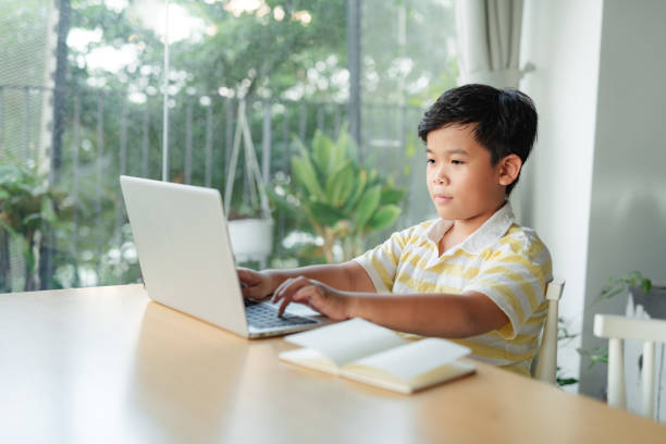 istock Little boy using laptop studying math during his online lesson at home 1329375821