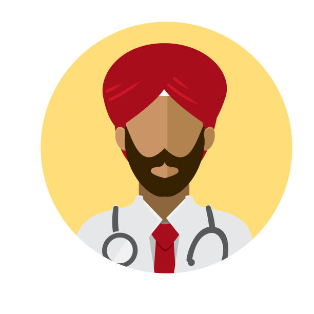 Flat Design Sikh Male Medical Professionals themed Icon Vector illustration of a Flat Design Diverse Medical Professionals Sikh people themed Icon. Vector eps 10, fully editable. turban stock illustrations