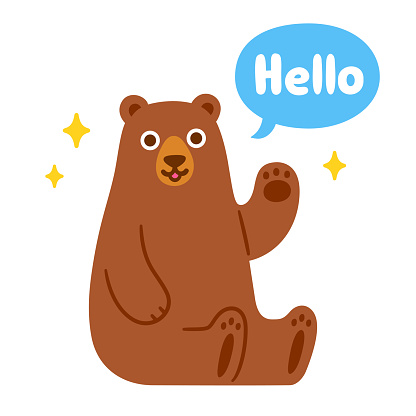 Cute cartoon bear sitting and waving with speech bubble saying Hello. Funny animal character, isolated vector illustration.