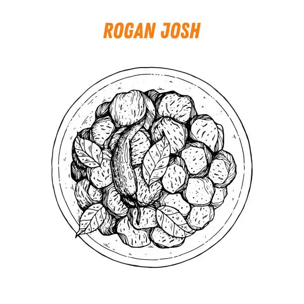 Vector illustration of Rogan josh sketch, Indian food. Hand drawn vector illustration. Sketch style. Top view. Vintage vector illustration.