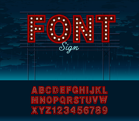 Vector illustration of a Film Noir style Neon scaffold rainy night sign Illuminated Lights Font Design includes capital letters and numbers alphabet set. Includes fully editable vector art to customize your own text. Includes all capital letters of the alphabet and numbers. Individually grouped for easy editing and customization. Includes textures. Download features vector EPS and high resolution jpg download.
