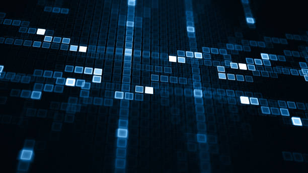 Abstract Blockchain Technology Futuristic Pixel Grid Table Pattern Artificial Intelligence Cryptocurrency Big Data Mining Background Circuit board Navy Blue Black Square Geometric Shape Blurred Texture 16x9 Format Digitally Generated Image Fractal Art Abstract Blockchain Technology Futuristic Pixel Grid Table Pattern Artificial Intelligence Cryptocurrency Big Data Mining Background Circuit board Navy Blue Black Square Geometric Shape Blurred Texture 16x9 Format Digitally Generated Image Fractal Art for banner, flyer, card, poster, brochure, presentation glowing circuit lines stock pictures, royalty-free photos & images