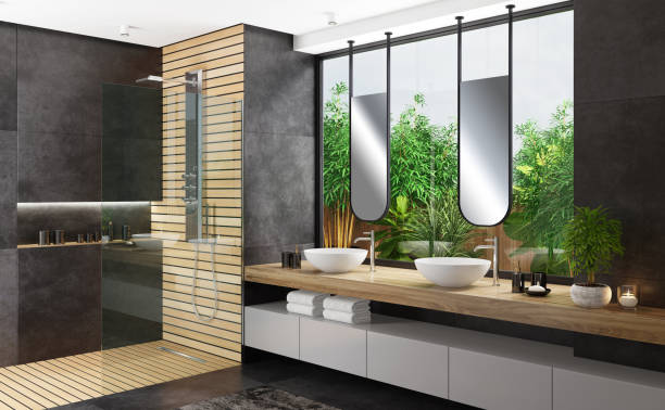istock Modern minimalist bathroom with garden 1329381611