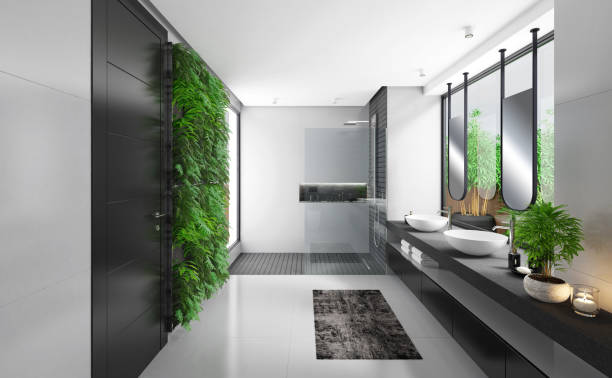 istock Modern minimalist bathroom with garden 1329382401