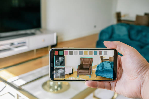 ar realidad aumentada diseño de interiores / house planning app - realidad aumentada fotografías e imágenes de stock