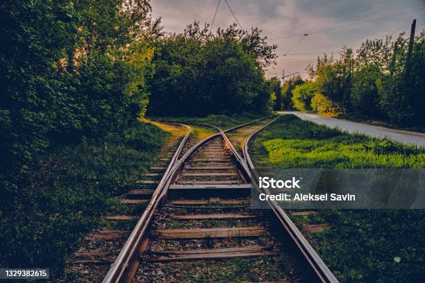 A Fork In The Railroad Tracks In Two Directions A Closeup View Of A Railroad Track Stock Photo - Download Image Now