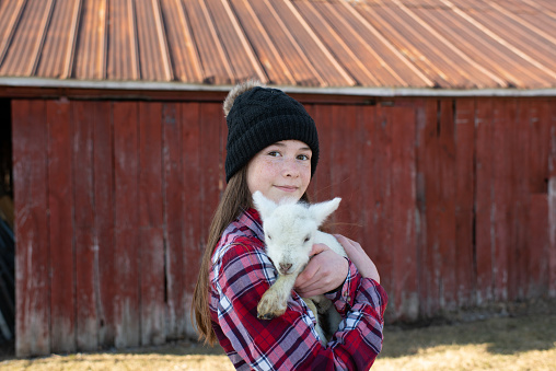 A young girl holds a baby lamb outside a barn
