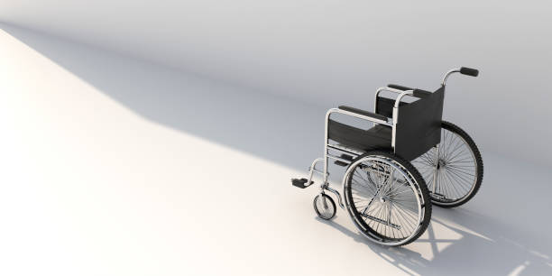 istock Wheelchair on white background, copy space, view from behind. 3d illustration 1329385613