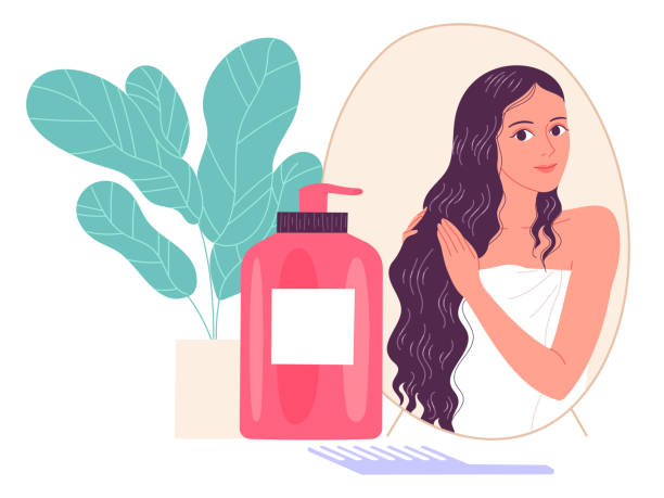 młoda kobieta nakłada na włosy produkt kosmetyczny - mokry włos stock illustrations