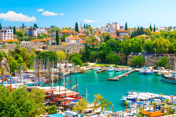 harbor in antalya old town or kaleici in turkey - província de antália imagens e fotografias de stock