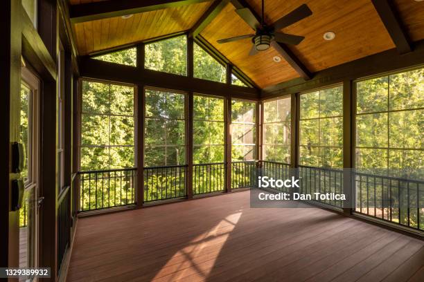 New And Empty Covered Porch Stock Photo - Download Image Now - Porch, Screen Partition, Patio