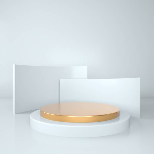 istock 3d rendering studio with geometric shapes, podium on the floor. Platforms for product presentation, mock up background. 1329394422