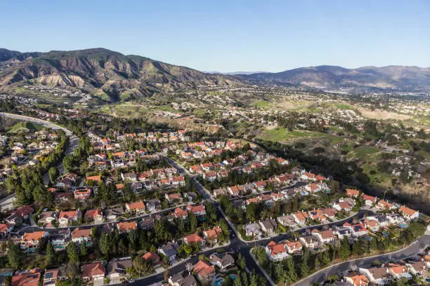 Suburban houses and streets in the Porter Ranch community of Los Angeles, California.