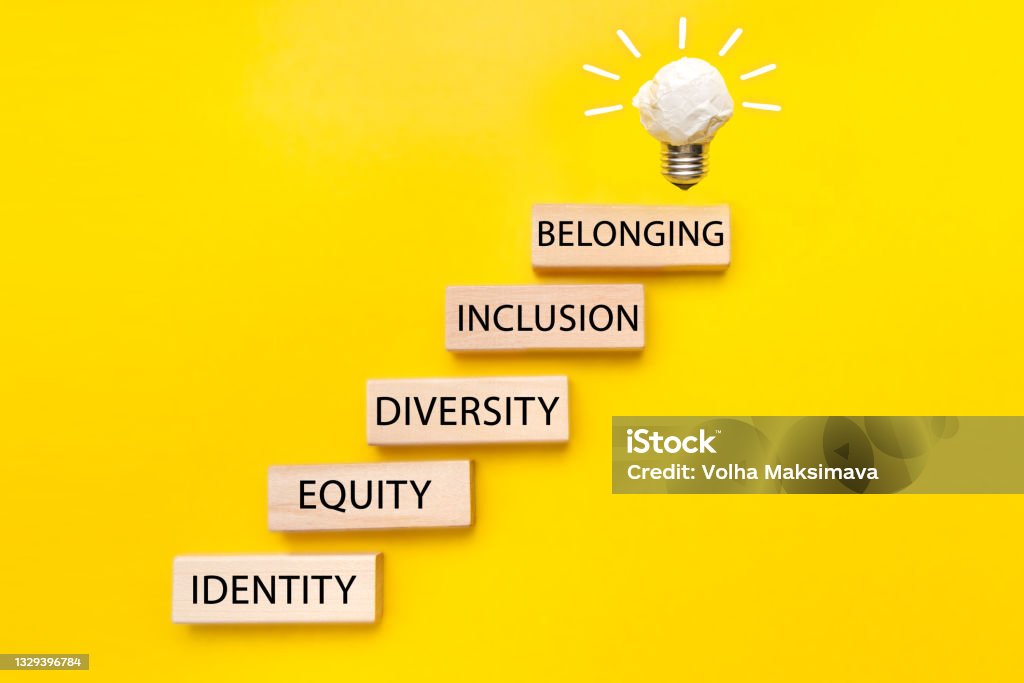Equity, identity, diversity, inclusion, belonging symbol. Wooden blocks with words on beautiful yellow background. Inclusion, belonging concept. Social Inclusion Stock Photo