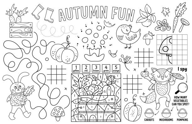 Vector autumn placemat for kids. Fall printable activity mat with maze, tic tac toe charts, connect the dots, find difference, crossword. Black and white play mat or coloring page with animals Vector autumn placemat for kids. Fall printable activity mat with maze, tic tac toe charts, connect the dots, find difference, crossword. Black and white play mat or coloring page with animals autumn coloring pages stock illustrations