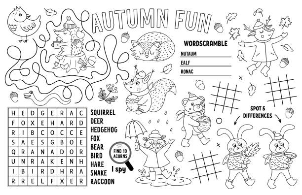 wektorowa jesienna podkładka dla dzieci. spadek drukowania mata aktywności z labiryntem, tic tac toe wykresy, połączyć kropki, znaleźć różnicę, krzyżówka. czarno-biała mata do zabawy lub strona kolorowanki ze zwierzętami - 5126 stock illustrations