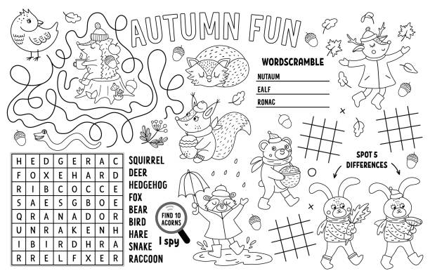 Vector autumn placemat for kids. Fall printable activity mat with maze, tic tac toe charts, connect the dots, find difference, crossword. Black and white play mat or coloring page with animals Vector autumn placemat for kids. Fall printable activity mat with maze, tic tac toe charts, connect the dots, find difference, crossword. Black and white play mat or coloring page with animals autumn coloring pages stock illustrations