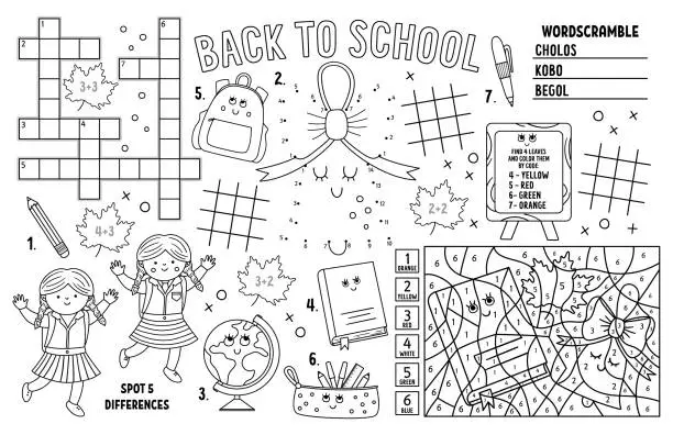 Vector illustration of Vector back to school placemat for kids. Fall printable activity mat with maze, tic tac toe charts, connect the dots, crossword. Black and white autumn play mat or coloring page with teacher and pupils