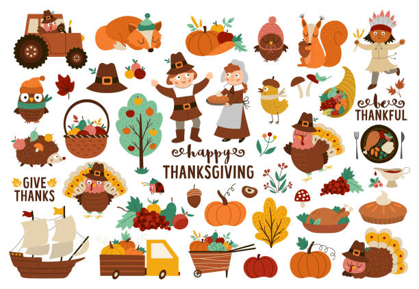 ilustraciones, imágenes clip art, dibujos animados e iconos de stock de conjunto de elementos vectoriales de acción de gracias. colección de iconos de otoño con peregrinos divertidos, nativos americanos, pavo, animales, cosecha, cornucopia, calabazas, árboles. pack de vacaciones de otoño con coche, tractor, fruta, frases - thanksgiving fruit cornucopia vegetable